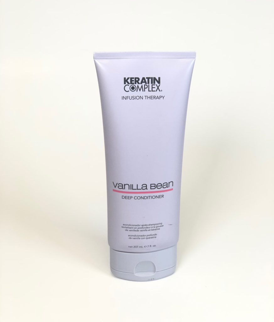 This is the Keratin Complex Vanilla Bean Deep Conditioner that is sold at Oliver's Salon and Spa. This picture has the product on a white background.